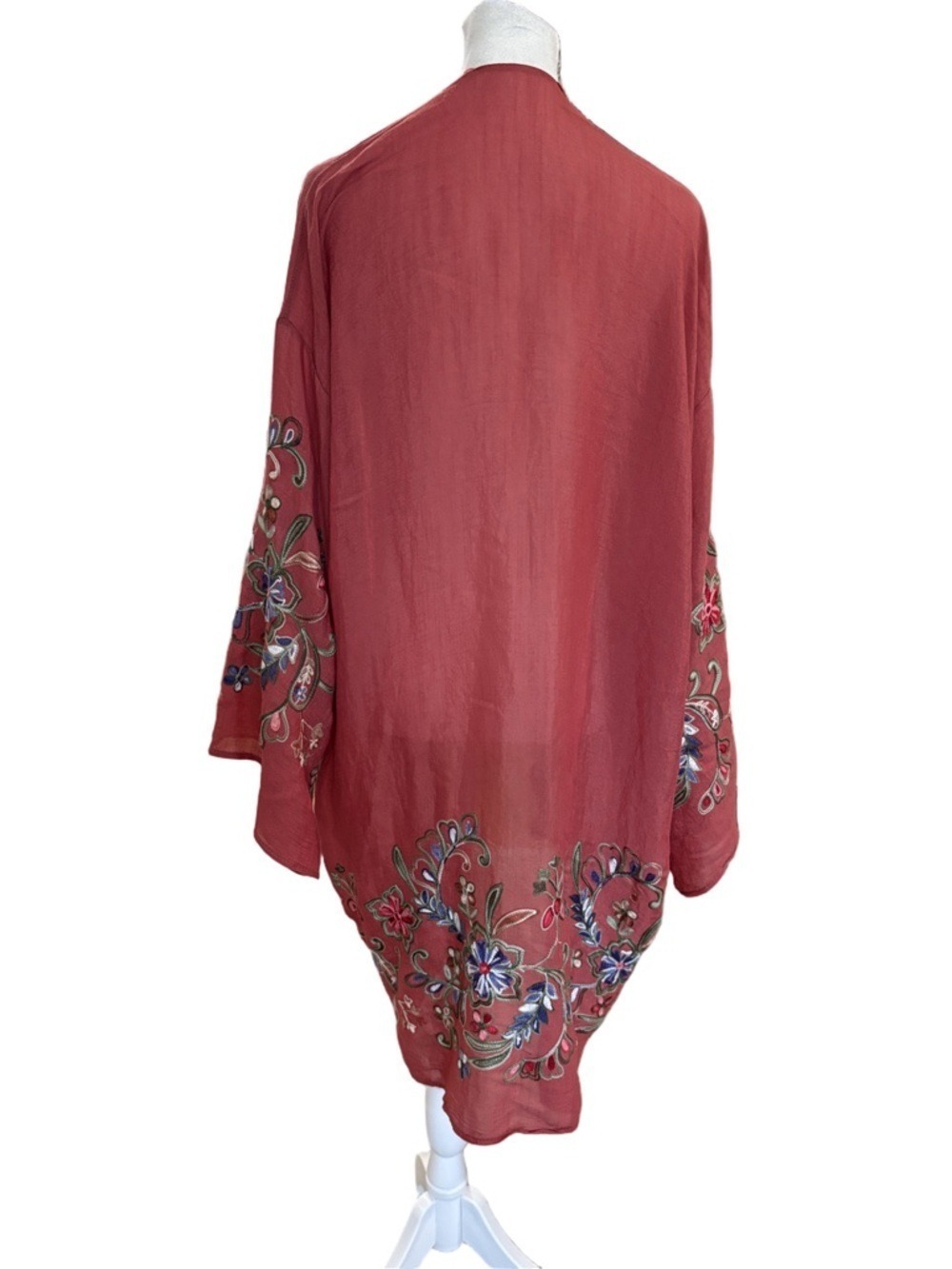 Kimono swim cover cardigan embroidered floral open front rust One Size - Picture 2 of 5